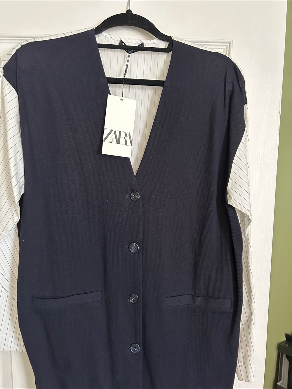 ZARA Navy Button-Front Top with White Pinstripe Sleeves